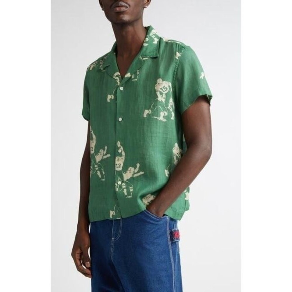 Bode Football Jacquard Linen Button-Up Men's Shirt Linen Printed Green L 282497